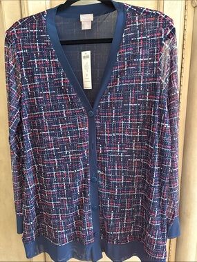 Chico's Navy Multicolor Crosshatch Button Cardigan